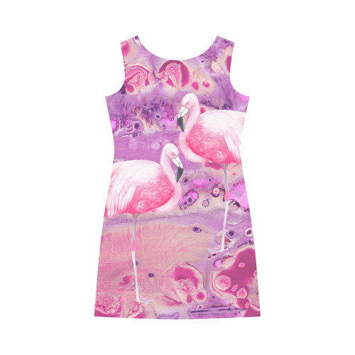 Flamingos Batik Paint Background Pink Violet Round Collar Dress (D22)