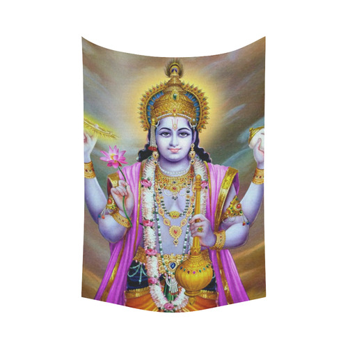 Lord Vishnu Lotus Mace Conch Discus Cotton Linen Wall Tapestry 60"x 90"