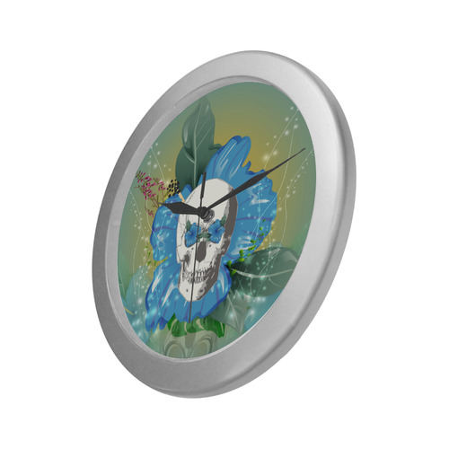 Funny skull with blue flowers Silver Color Wall Clock