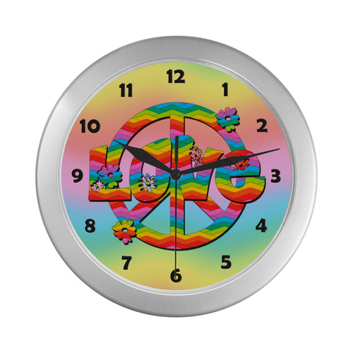 Colorful Love and Peace Background Silver Color Wall Clock