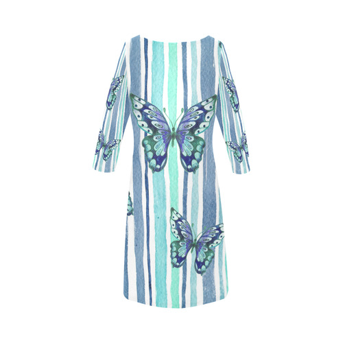Watercolor Butterflies & Stripes Blue Cyan Round Collar Dress (D22)