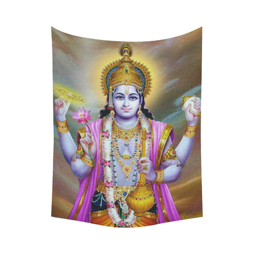 Lord Vishnu Lotus Mace Conch Discus Cotton Linen Wall Tapestry 60"x 80"