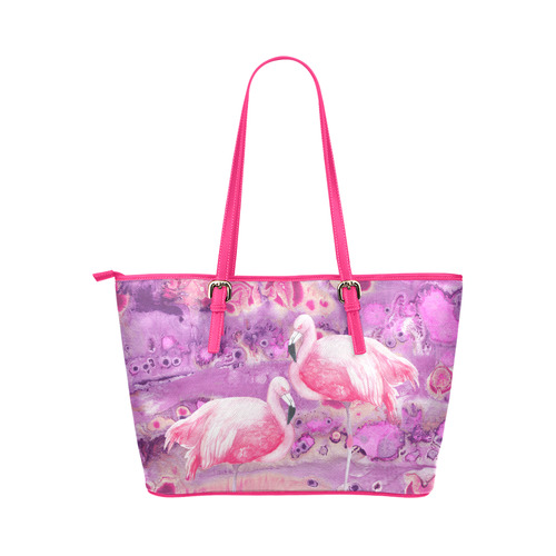Flamingos Batik Paint Background Pink Violet Leather Tote Bag/Large (Model 1651)
