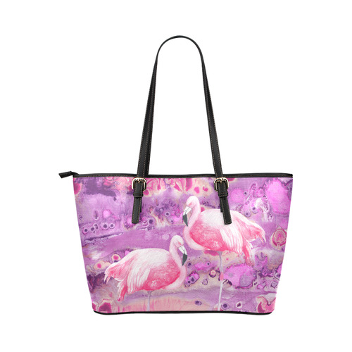 Flamingos Batik Paint Background Pink Violet Leather Tote Bag/Small (Model 1651)