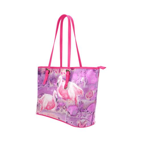 Flamingos Batik Paint Background Pink Violet Leather Tote Bag/Large (Model 1651)