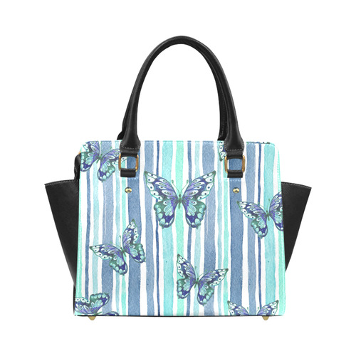 Watercolor Butterflies & Stripes Blue Cyan Classic Shoulder Handbag (Model 1653)