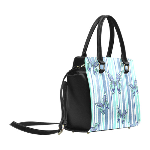 Watercolor Butterflies & Stripes Blue Cyan Classic Shoulder Handbag (Model 1653)