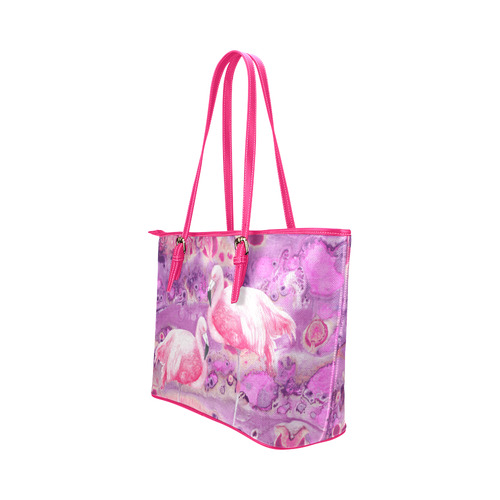 Flamingos Batik Paint Background Pink Violet Leather Tote Bag/Large (Model 1651)