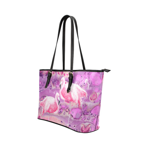 Flamingos Batik Paint Background Pink Violet Leather Tote Bag/Small (Model 1651)