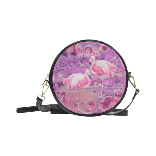 Flamingos Batik Paint Background Pink Violet Round Sling Bag (Model 1647)