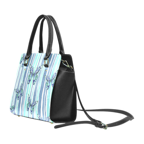 Watercolor Butterflies & Stripes Blue Cyan Classic Shoulder Handbag (Model 1653)