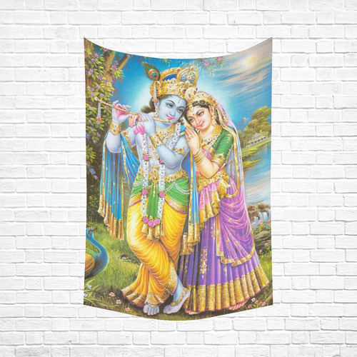 Krishna Radha Beautiful Hindu Deities Cotton Linen Wall Tapestry 60"x 90"