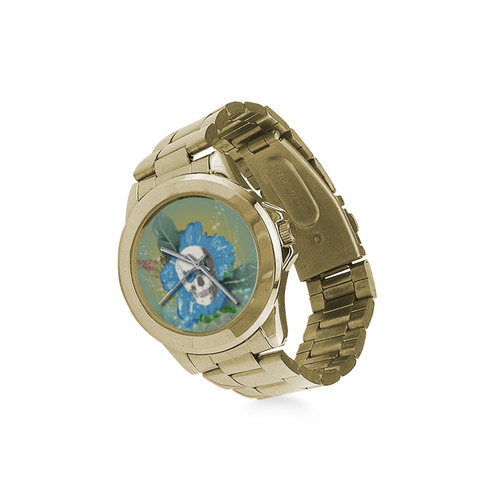 Funny skull with blue flowers Custom Gilt Watch(Model 101)