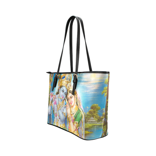 Krishna Radha Beautiful Hindu Landscape Leather Tote Bag/Small (Model 1651)