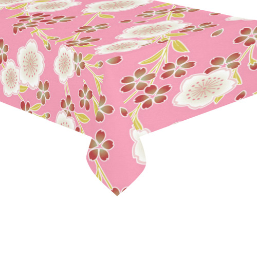 White Sakura Japanese Floral Kimono Cotton Linen Tablecloth 60"x 104"