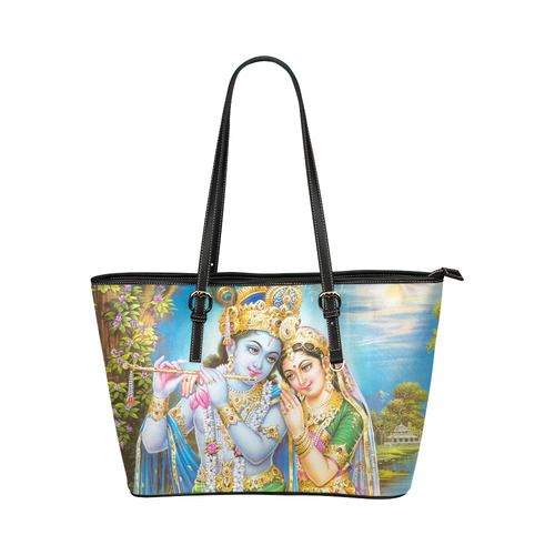 Krishna Radha Beautiful Hindu Landscape Leather Tote Bag/Small (Model 1651)