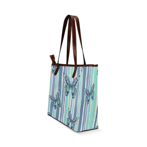 Watercolor Butterflies & Stripes Blue Cyan Shoulder Tote Bag (Model 1646)
