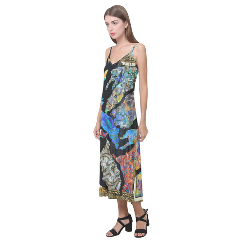 Museum Art Cracked Design V-Neck Open Fork Long Dress(Model D18)