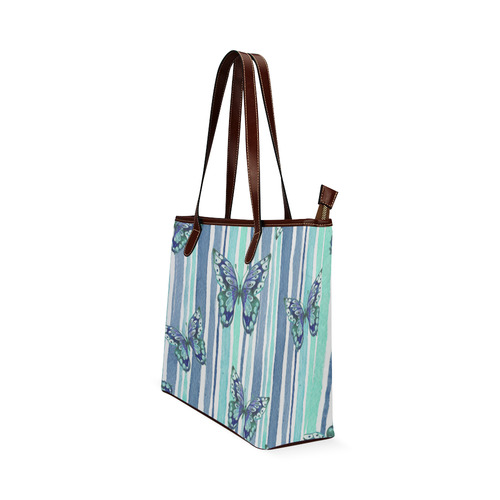 Watercolor Butterflies & Stripes Blue Cyan Shoulder Tote Bag (Model 1646)