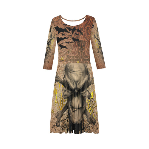 The scary skull with crow Elbow Sleeve Ice Skater Dress (D20)