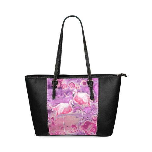 Flamingos Batik Paint Background Pink Violet Leather Tote Bag/Large (Model 1640)