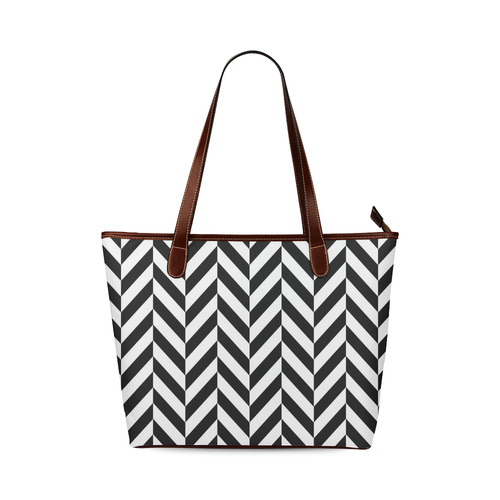 Black And White Herringbone Shoulder Tote Bag (Model 1646)