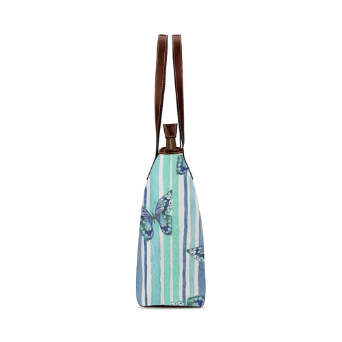 Watercolor Butterflies & Stripes Blue Cyan Shoulder Tote Bag (Model 1646)