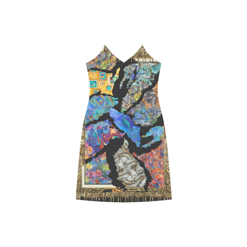 Museum Art Cracked Design V-Neck Open Fork Long Dress(Model D18)