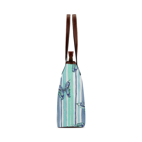 Watercolor Butterflies & Stripes Blue Cyan Shoulder Tote Bag (Model 1646)