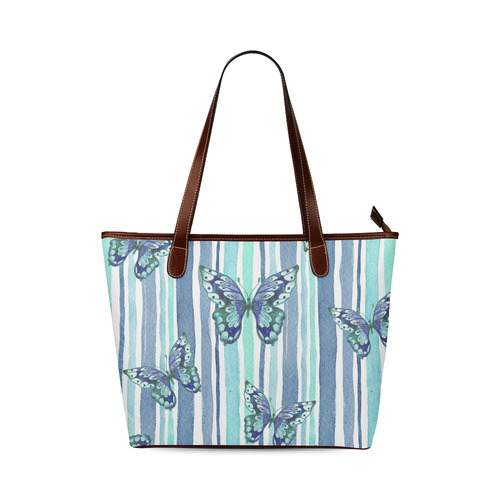 Watercolor Butterflies & Stripes Blue Cyan Shoulder Tote Bag (Model 1646)