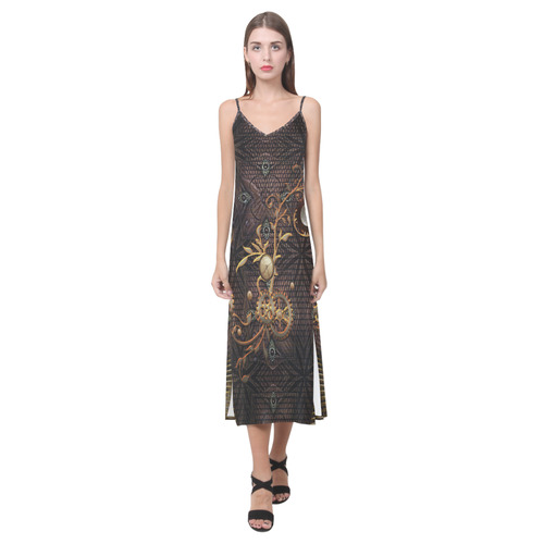 Steampunk, gallant design V-Neck Open Fork Long Dress(Model D18)