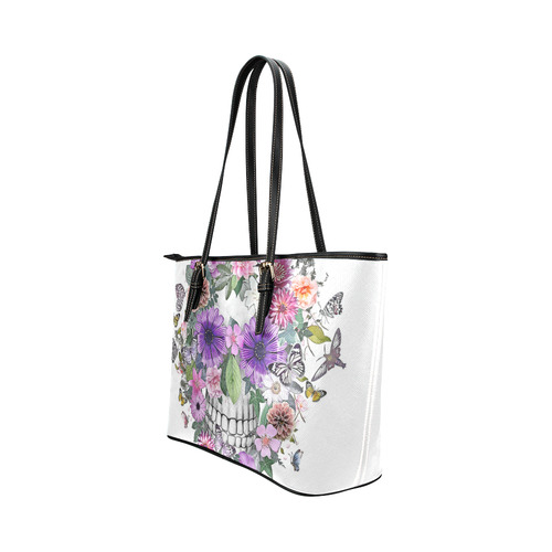 flower skull pink, orange,violett Leather Tote Bag/Large (Model 1651)