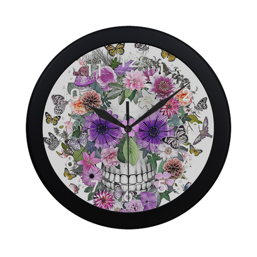 flower skull pink, orange,violett Circular Plastic Wall clock