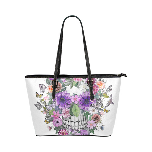 flower skull pink, orange,violett Leather Tote Bag/Large (Model 1651)