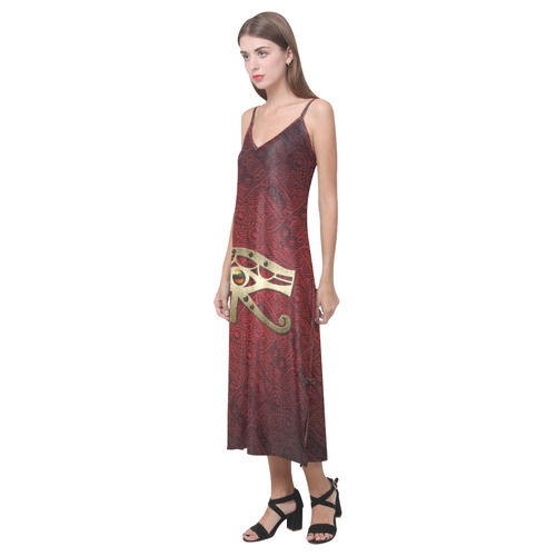The all seeing eye in gold and red V-Neck Open Fork Long Dress(Model D18)