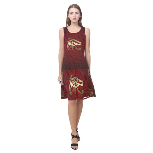 The all seeing eye in gold and red Sleeveless Splicing Shift Dress(Model D17)