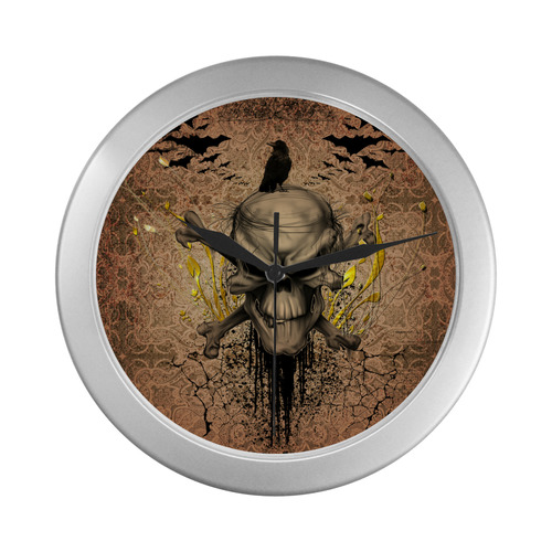 The scary skull with crow Silver Color Wall Clock
