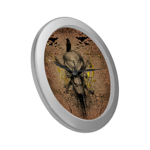The scary skull with crow Silver Color Wall Clock