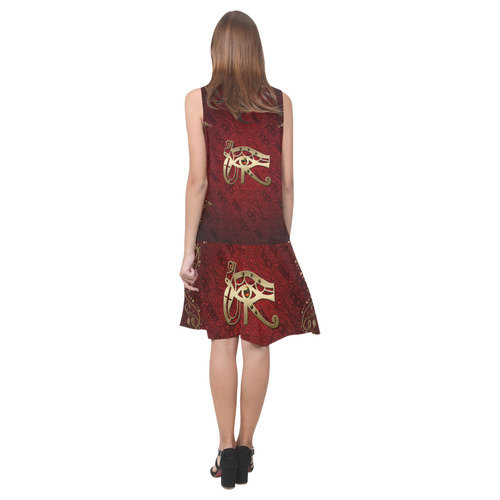 The all seeing eye in gold and red Sleeveless Splicing Shift Dress(Model D17)
