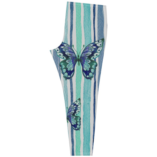 Watercolor Butterflies & Stripes Blue Cyan Cassandra Women's Leggings (Model L01)
