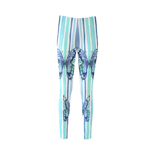 Watercolor Butterflies & Stripes Blue Cyan Cassandra Women's Leggings (Model L01)