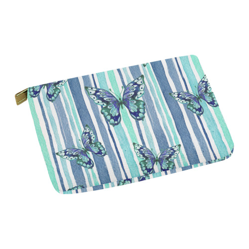 Watercolor Butterflies & Stripes Blue Cyan Carry-All Pouch 12.5''x8.5''