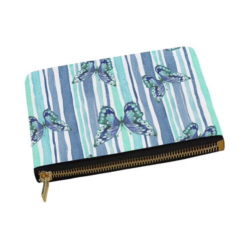 Watercolor Butterflies & Stripes Blue Cyan Carry-All Pouch 12.5''x8.5''