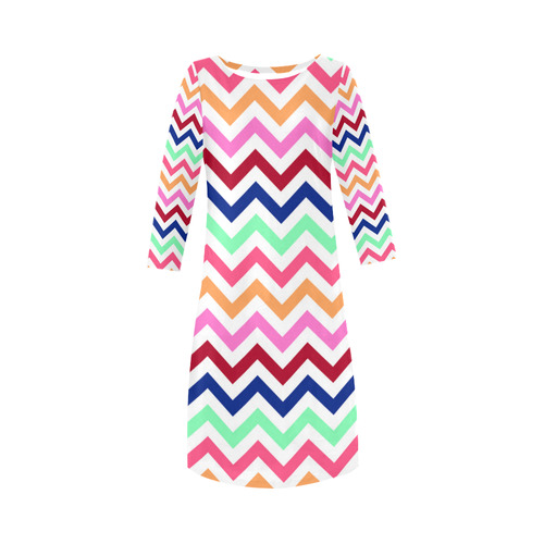CHEVRONS Pattern Multicolor Pink Turquoise Coral Blue Red Round Collar Dress (D22)