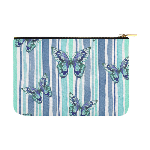 Watercolor Butterflies & Stripes Blue Cyan Carry-All Pouch 12.5''x8.5''