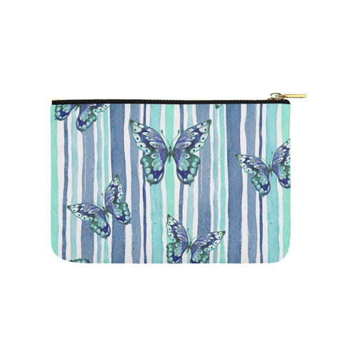 Watercolor Butterflies & Stripes Blue Cyan Carry-All Pouch 9.5''x6''