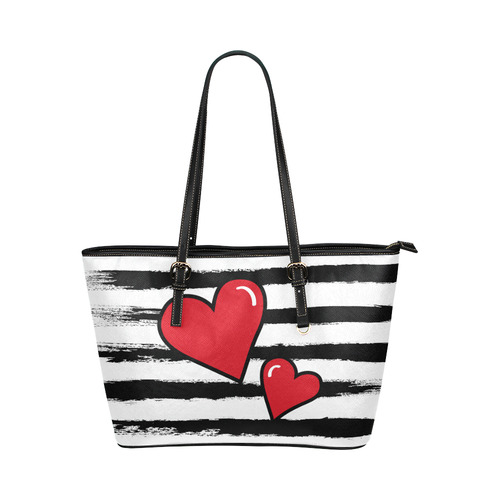 Two Hearts with Black Brushstrokes Stribes Background in Pop Art Style Leather Tote Bag/Large (Model 1651)