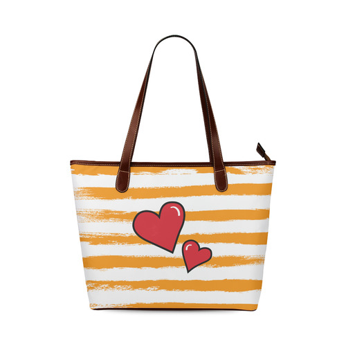 Two Hearts with Orange Brushstrokes Stribes Background in Pop Art Style Shoulder Tote Bag (Model 1646)