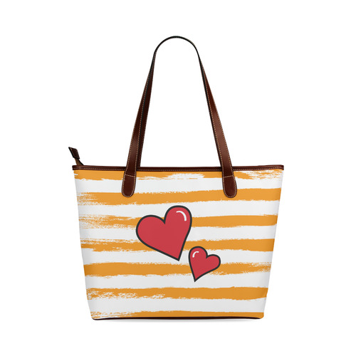 Two Hearts with Orange Brushstrokes Stribes Background in Pop Art Style Shoulder Tote Bag (Model 1646)