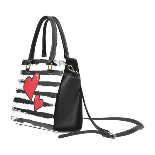 POP ART Style Two Hearts with Orange Brushstrokes Stribes Background Rivet Shoulder Handbag (Model 1645)